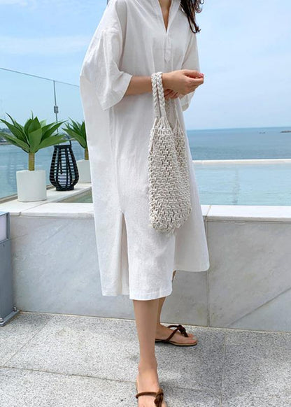 Modern v neck side open linen cotton clothes For Women Shirts purple Dress - SooLinen