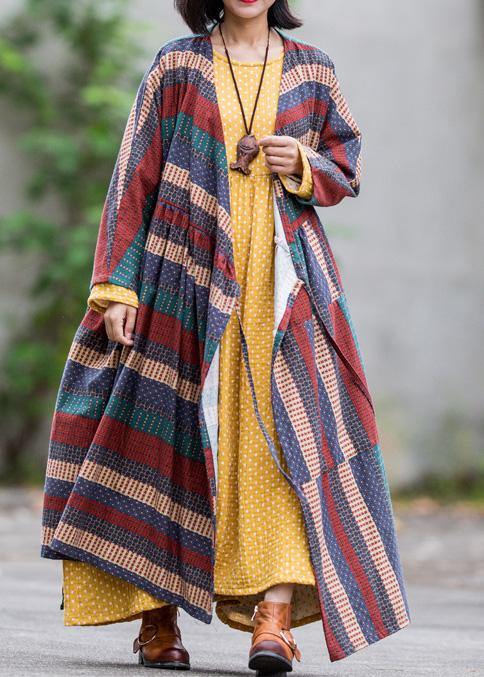 Modern v neck tie waist linen cotton dresses Shirts multicolor striped Dress spring - SooLinen