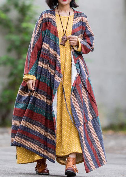 Modern v neck tie waist linen cotton dresses Shirts multicolor striped Dress spring - SooLinen