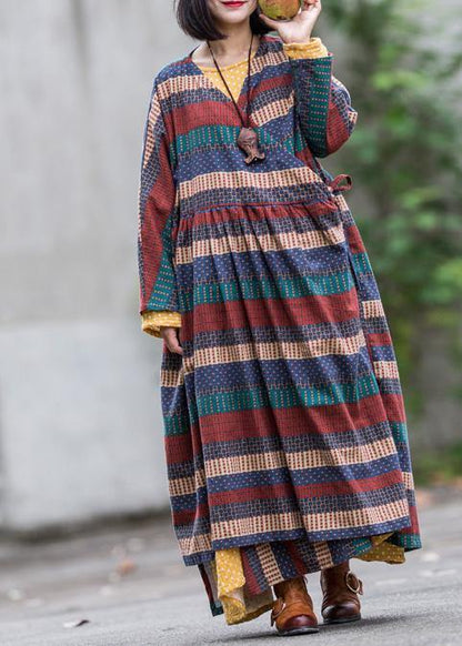 Modern v neck tie waist linen cotton dresses Shirts multicolor striped Dress spring - SooLinen