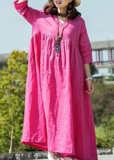 Modern v neck Cinched linen dresses Neckline rose Dress summer - SooLinen