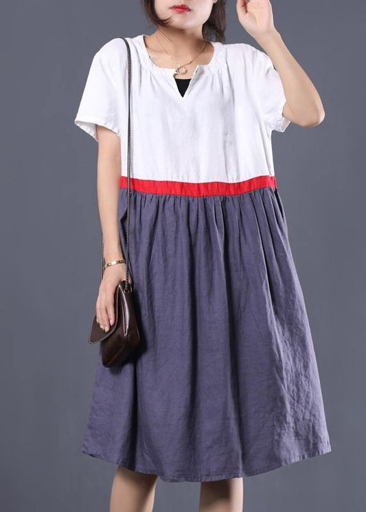 Modern white patchwork linen clothes v neck summer Dress - SooLinen