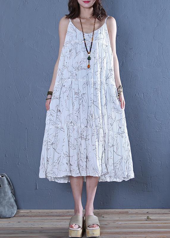 Modern white print cotton clothes For Women Spaghetti Strap Maxi  Dress - SooLinen