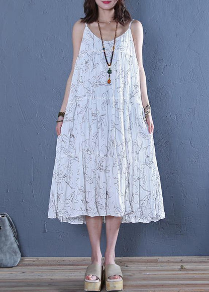 Modern white print cotton clothes For Women Spaghetti Strap Maxi  Dress - SooLinen