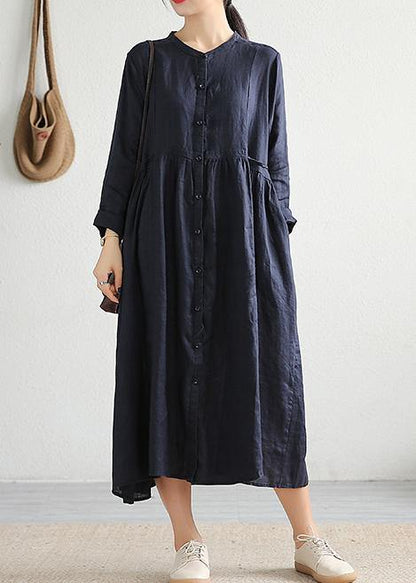 Modern Cinched pockets linen outfit Outfits navy Dress spring - SooLinen