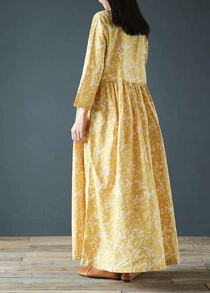 Modern yellow print dresses o neck Chinese Button robes fall Dress - SooLinen