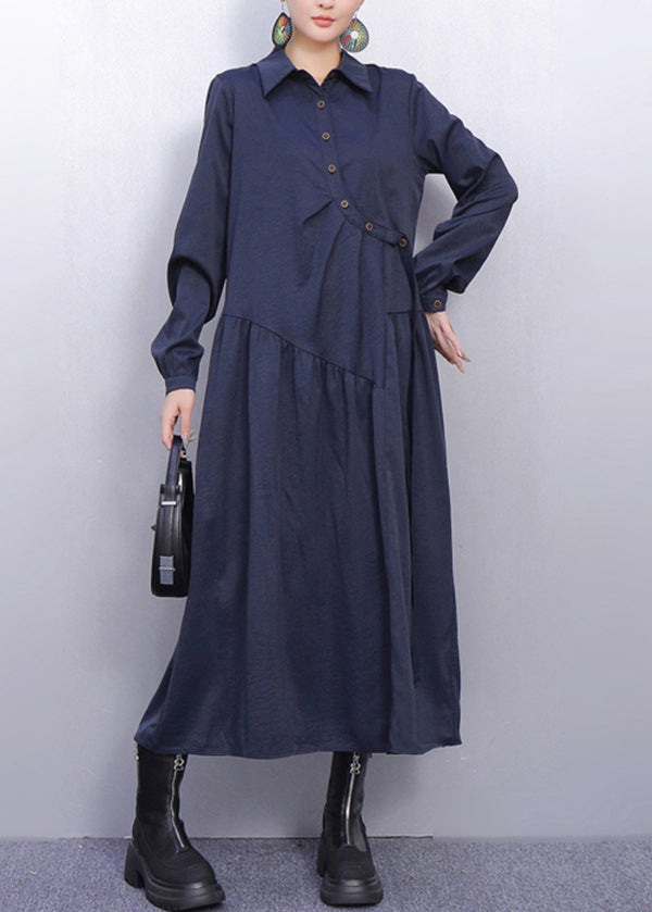 Monochrome Style Wrinkled Navy Shirt Dress Fall