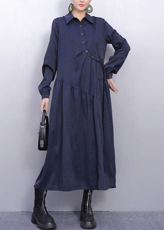Monochrome Style Wrinkled Navy Shirt Dress Fall