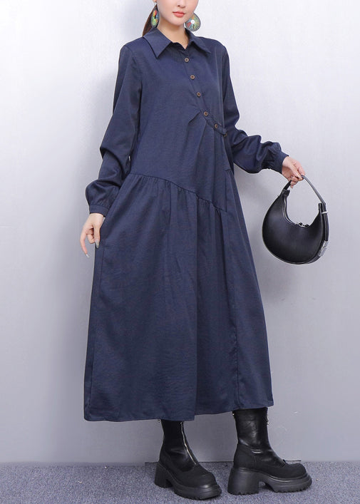 Monochrome Style Wrinkled Navy Shirt Dress Fall