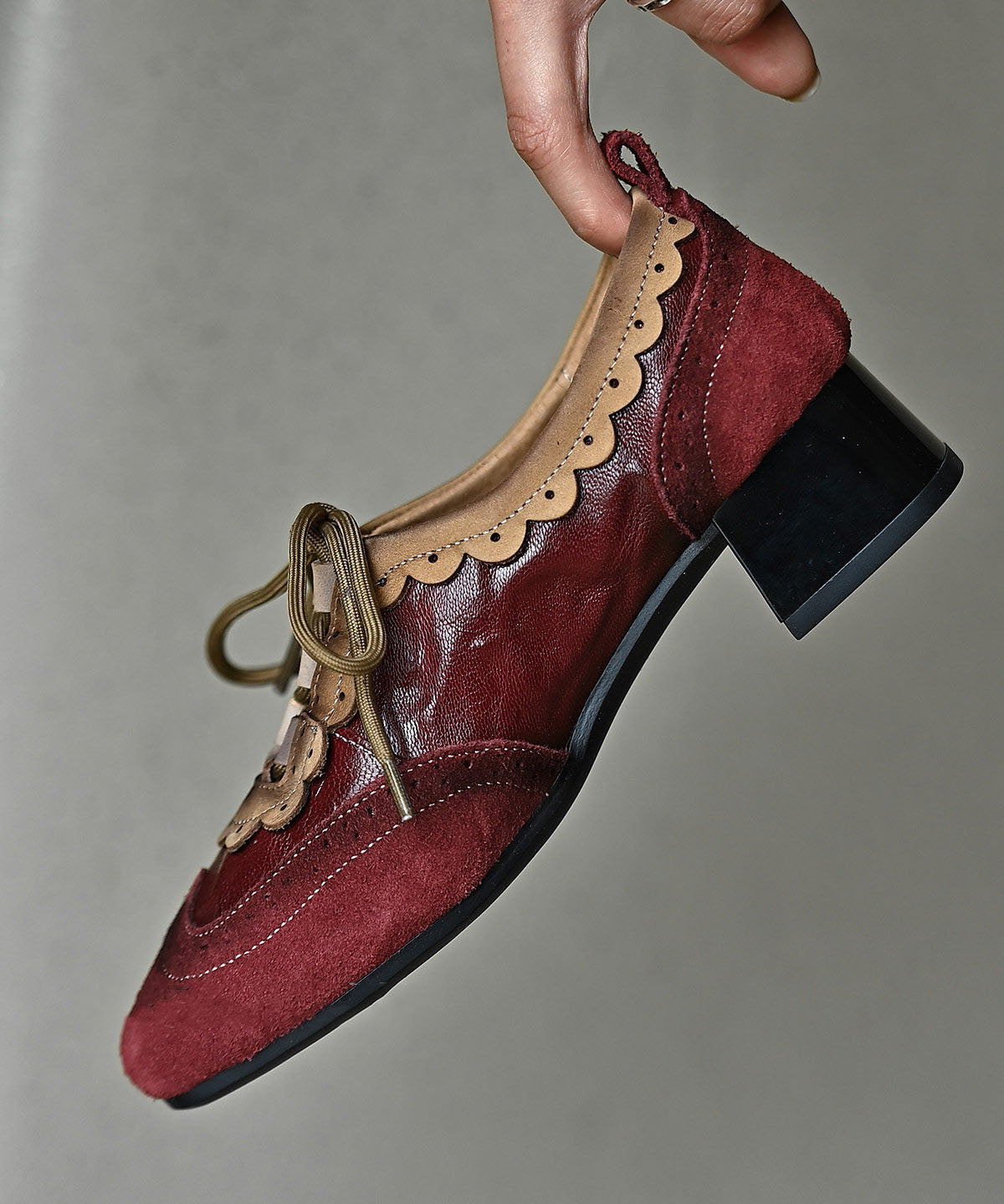 Mulberry Cowhide Leather Lace Up Splicing Chunky Heel Loafer Shoes