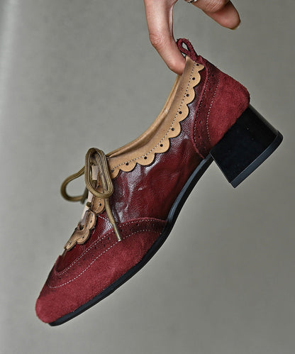 Mulberry Cowhide Leather Lace Up Splicing Chunky Heel Loafer Shoes