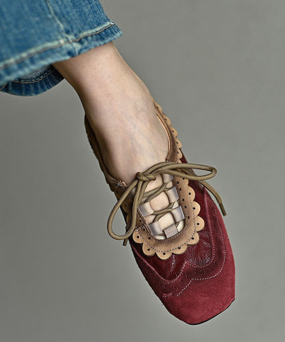 Mulberry Cowhide Leather Lace Up Splicing Chunky Heel Loafer Shoes