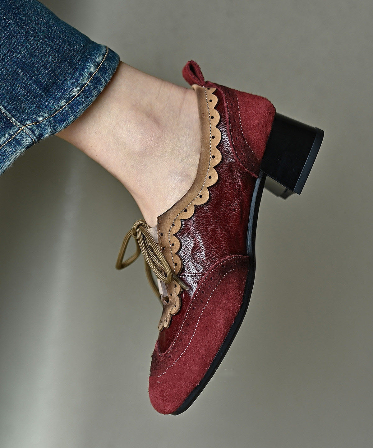 Mulberry Cowhide Leather Lace Up Splicing Chunky Heel Loafer Shoes