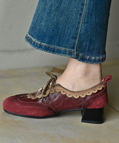 Mulberry Cowhide Leather Lace Up Splicing Chunky Heel Loafer Shoes