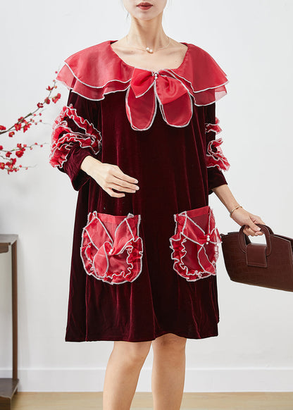 Mulberry Patchwork Silk Velour Mid Dress Pockets Bracelet Sleeve