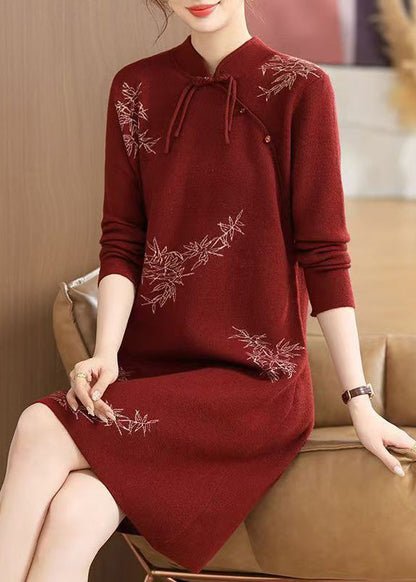 Mulberry Print Cotton Knitted Maxi Sweaters Dress Lantern Sleeve