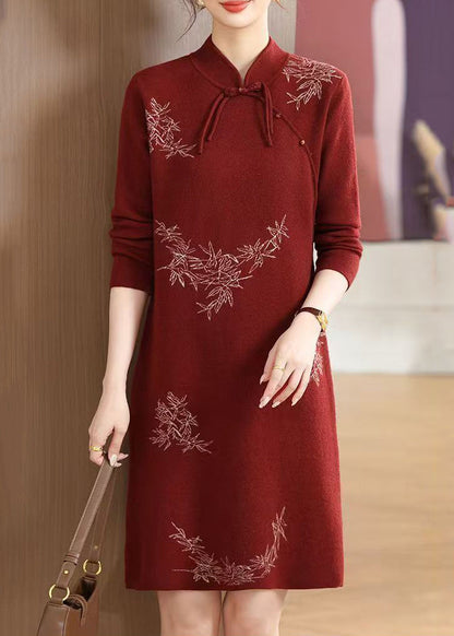 Mulberry Print Cotton Knitted Maxi Sweaters Dress Lantern Sleeve