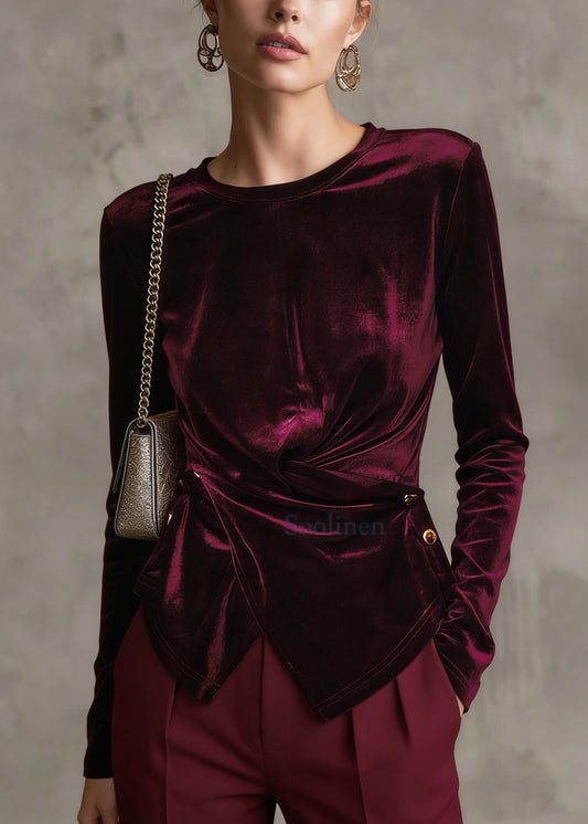 Mulberry Silk Velour Blouses Asymmetrical Button Long Sleeve