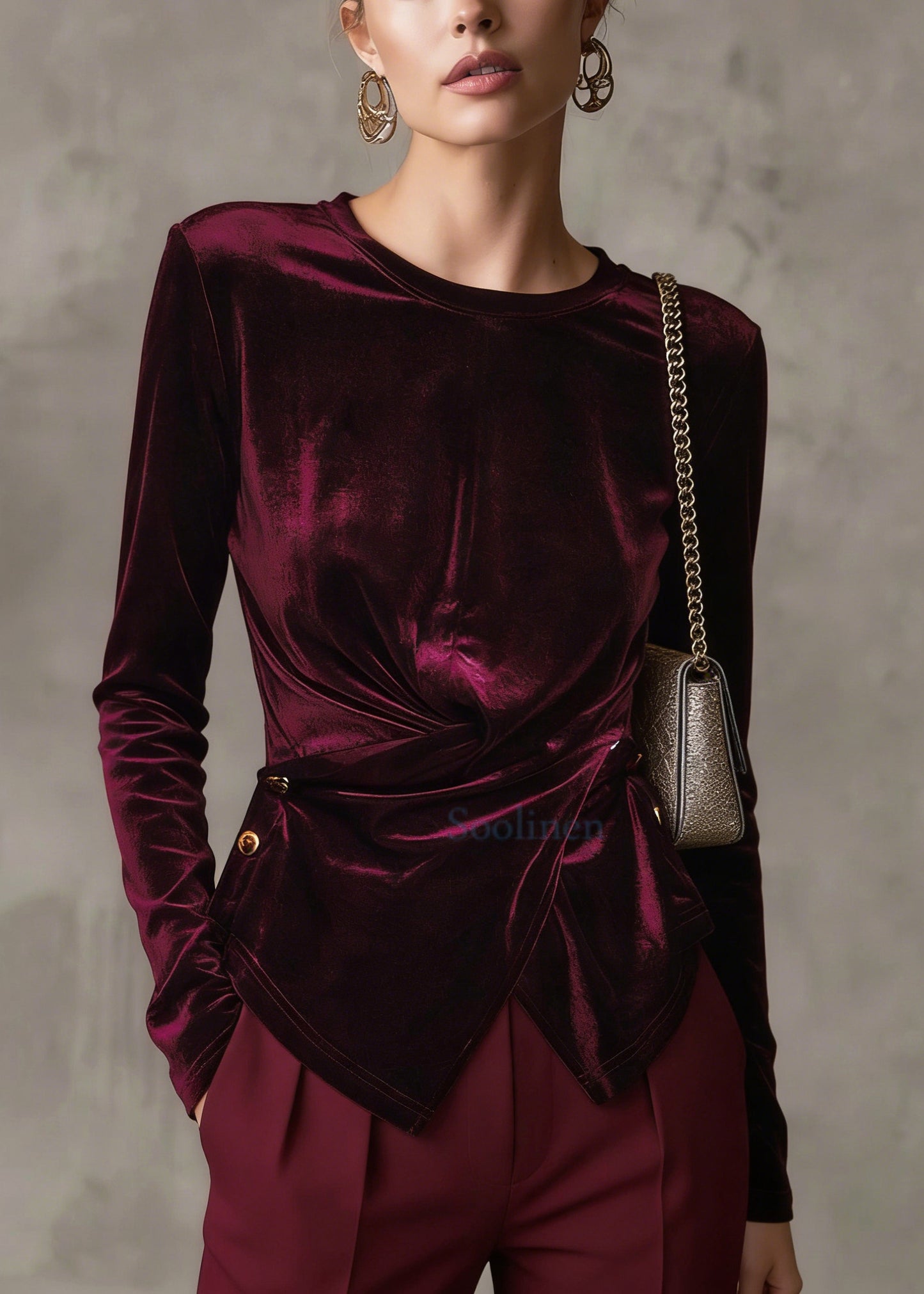 Mulberry Silk Velour Blouses Asymmetrical Button Long Sleeve