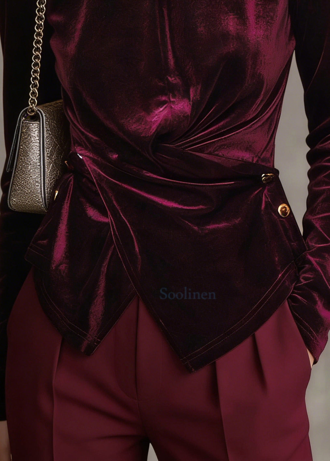 Mulberry Silk Velour Blouses Asymmetrical Button Long Sleeve
