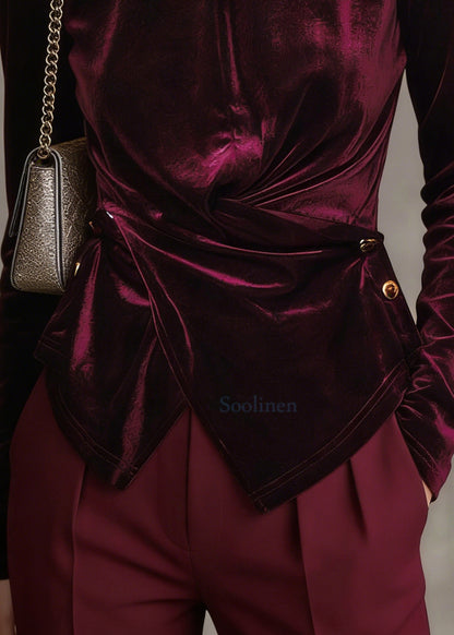 Mulberry Silk Velour Blouses Asymmetrical Button Long Sleeve