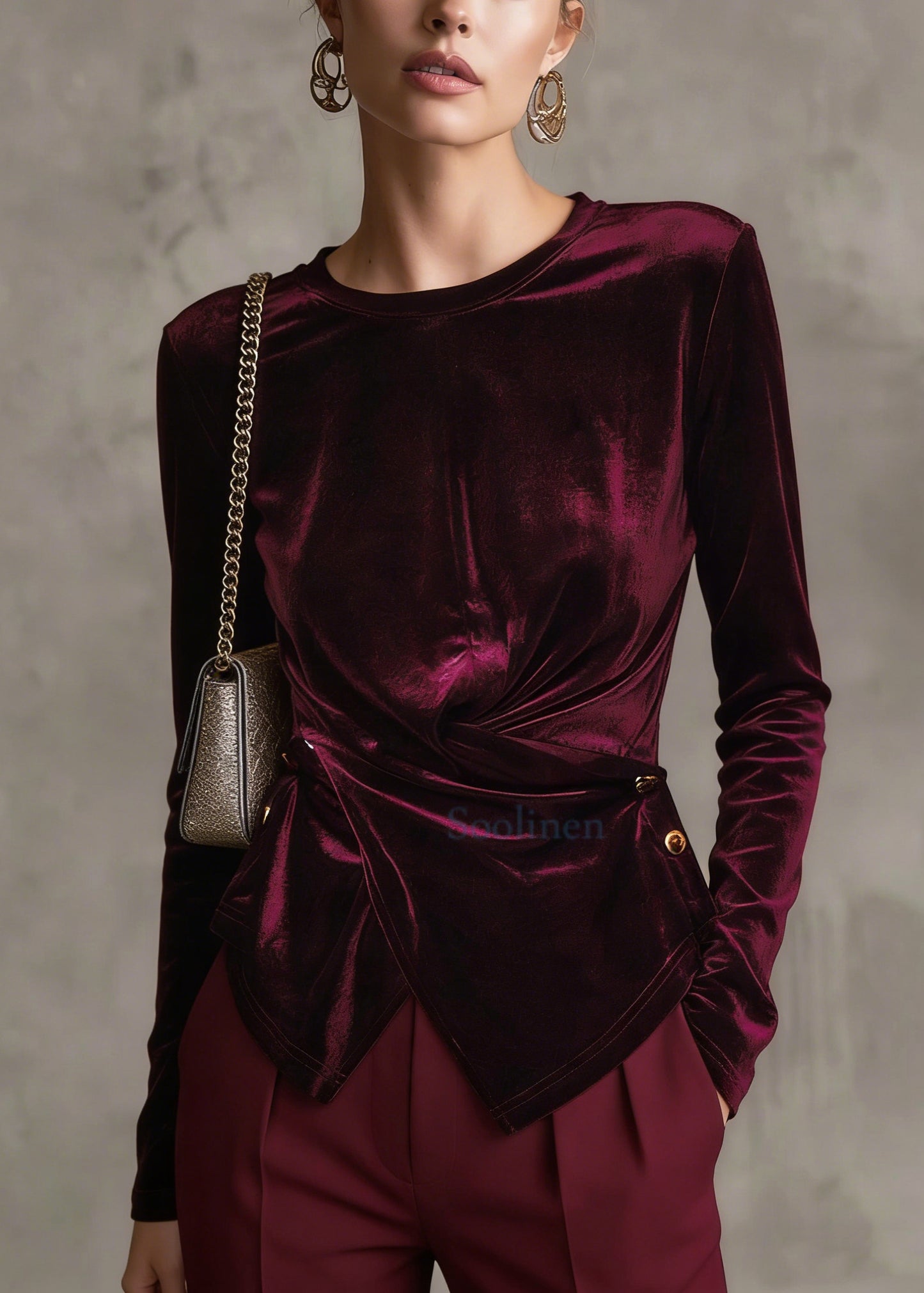 Mulberry Silk Velour Blouses Asymmetrical Button Long Sleeve