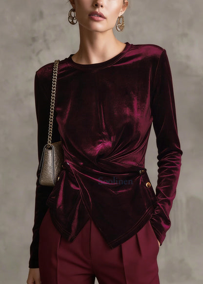 Mulberry Silk Velour Blouses Asymmetrical Button Long Sleeve