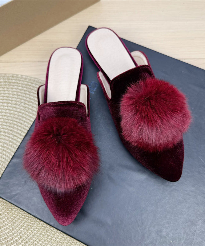 Mulberry Splicing Velour Slide Sandals Fuzzy Ball Decorated Pointed Toe