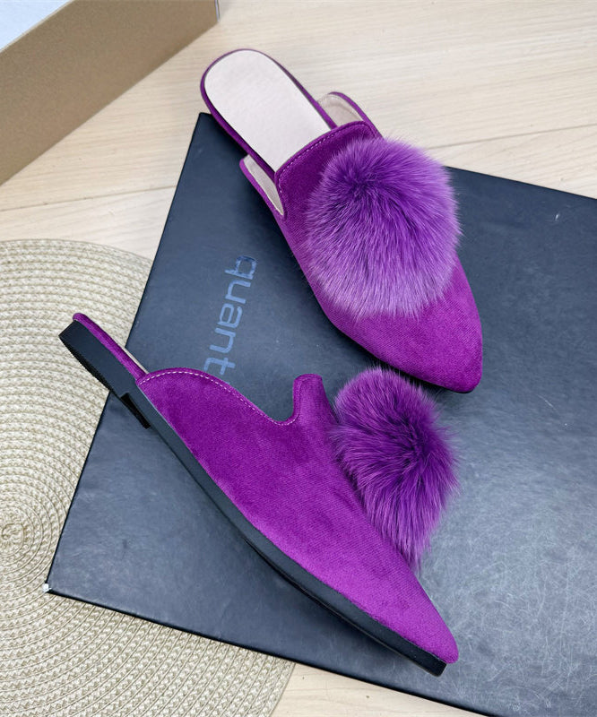 Mulberry Splicing Velour Slide Sandals Fuzzy Ball Decorated Pointed Toe