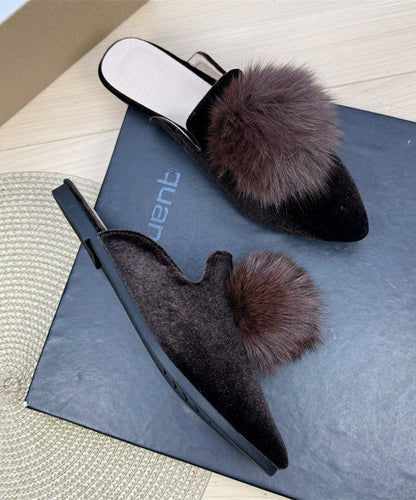 Mulberry Splicing Velour Slide Sandals Fuzzy Ball Decorated Pointed Toe