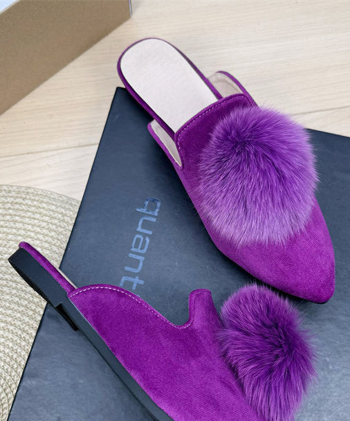 Mulberry Splicing Velour Slide Sandals Fuzzy Ball Decorated Pointed Toe