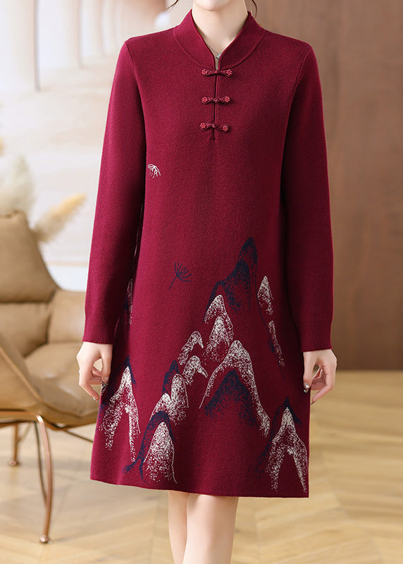 Mulberry Stand Collar Button Cotton Knit Maxi Sweater Dress Spring