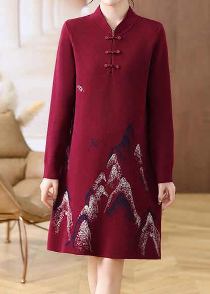Mulberry Stand Collar Button Cotton Knit Maxi Sweater Dress Spring