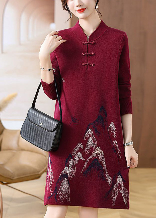 Mulberry Stand Collar Button Cotton Knit Maxi Sweater Dress Spring