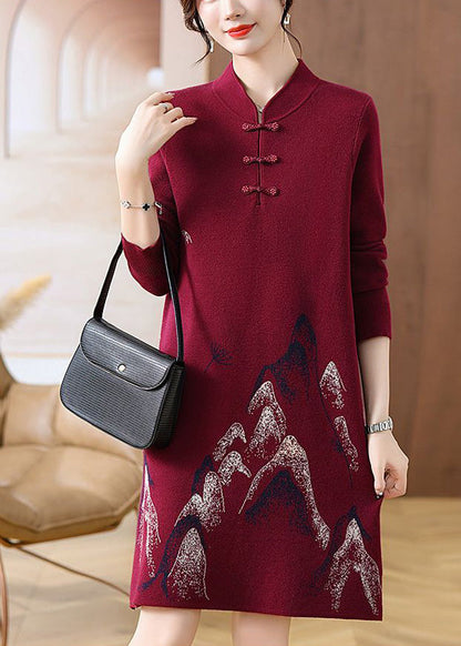 Mulberry Stand Collar Button Cotton Knit Maxi Sweater Dress Spring