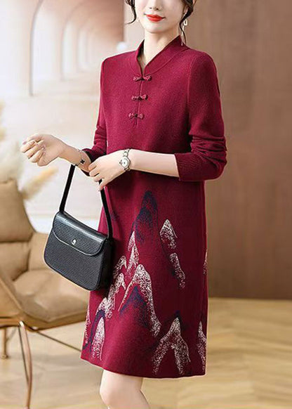 Mulberry Stand Collar Button Cotton Knit Maxi Sweater Dress Spring