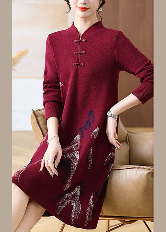 Mulberry Stand Collar Button Cotton Knit Maxi Sweater Dress Spring