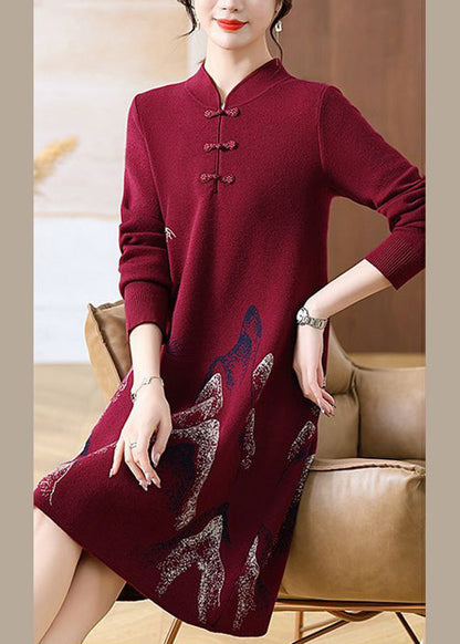 Mulberry Stand Collar Button Cotton Knit Maxi Sweater Dress Spring