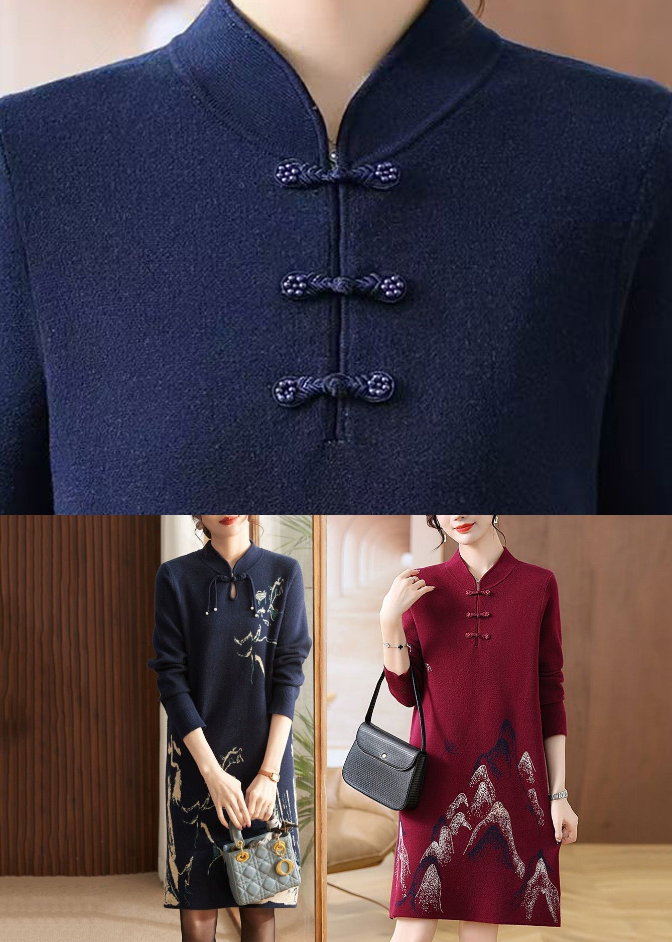 Mulberry Stand Collar Button Cotton Knit Maxi Sweater Dress Spring