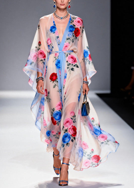 Multicolored Floral Print Chiffon Maxi Dress Tie Waist Summer