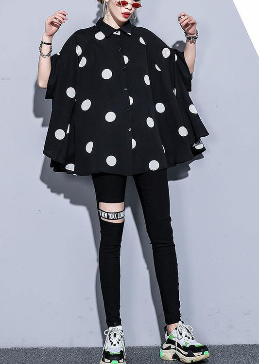 Mu black dotted chiffon clothes For Women 18th Century Catwalk lapel Art Summer Dress - SooLinen