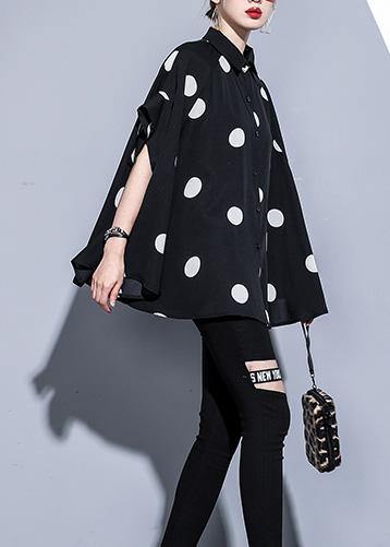 Mu black dotted chiffon clothes For Women 18th Century Catwalk lapel Art Summer Dress - SooLinen