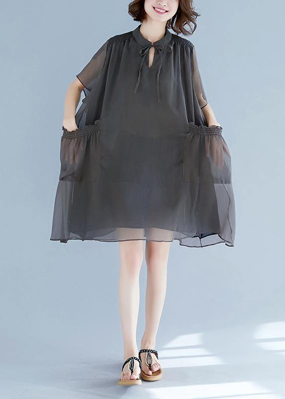 Mu stand collar pockets chiffon Women plus size Shirts khaki A Line Dress Summer - SooLinen