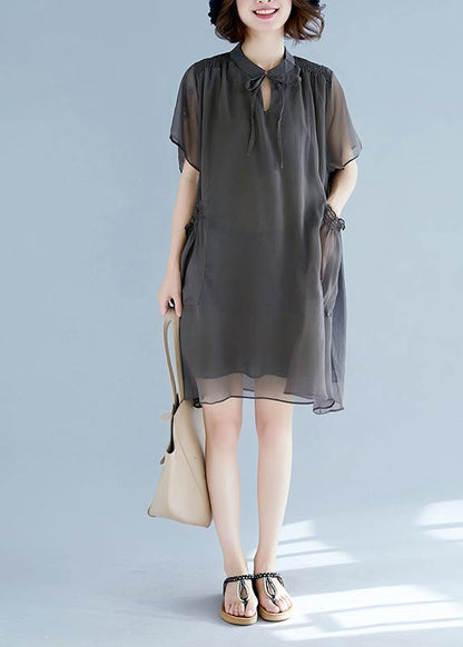 Mu stand collar pockets chiffon Women plus size Shirts khaki A Line Dress Summer - SooLinen