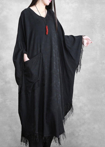 Black Tasseled Silk Linen Cape Dress Caftans Plus Size outfits - SooLinen