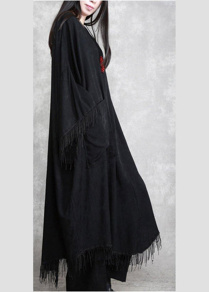 Black Tasseled Silk Linen Cape Dress Caftans Plus Size outfits - SooLinen