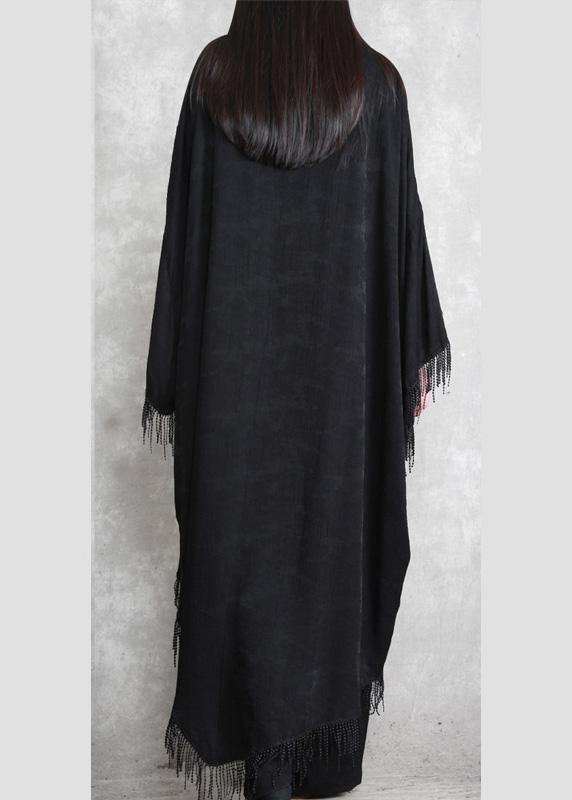 Black Tasseled Silk Linen Cape Dress Caftans Plus Size outfits - SooLinen