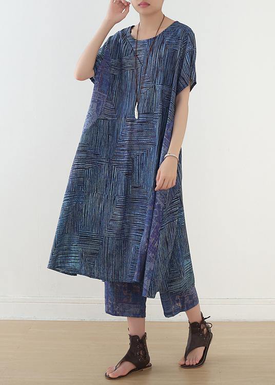 National style blue two-piece dress summer new women's and nine pants wide leg pants - SooLinen