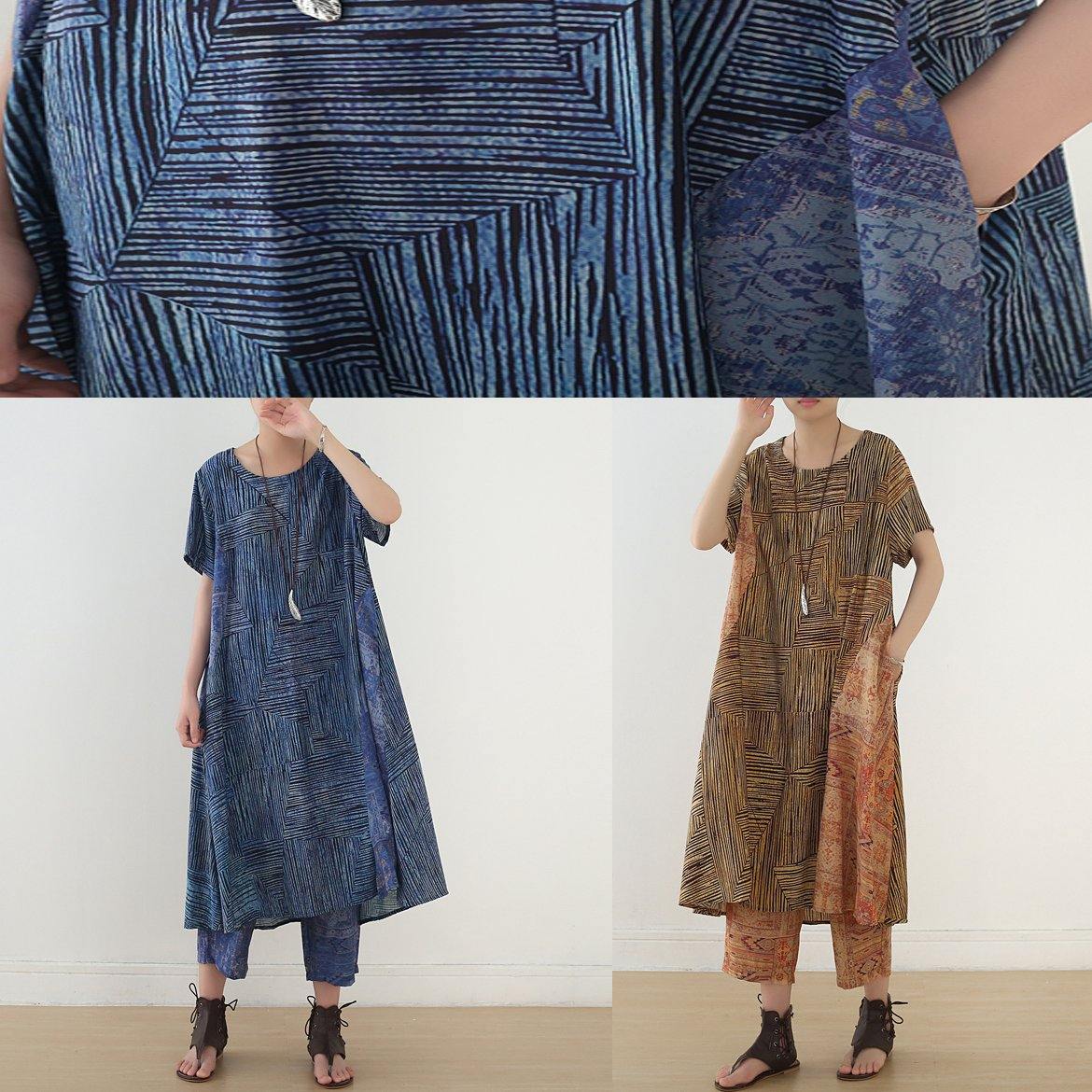 National style blue two-piece dress summer new women's and nine pants wide leg pants - SooLinen