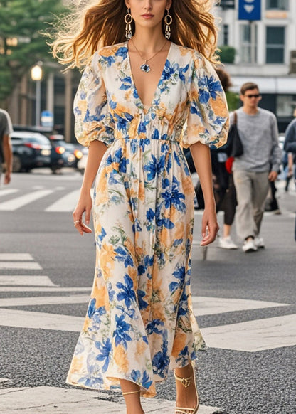 Natural Apricot Cinched Print Chiffon Holiday Dresses Summer